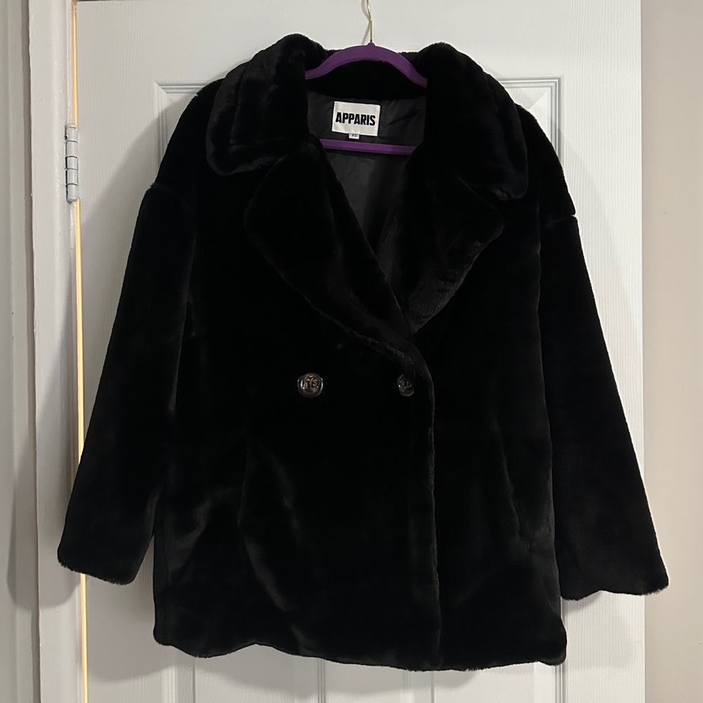 Oversized, double breasted faux fur coat